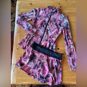 Lululemon Abstract Print in pink and gray. Jacket is size 8, skirt, size 6.